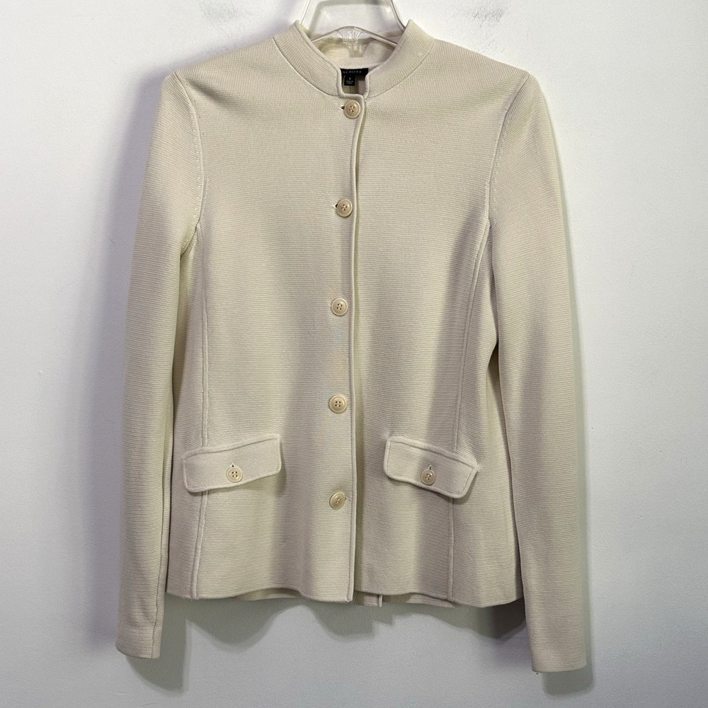 Talbots Band Collar Knit Jacket S Cream Button Front Pockets Classic Office